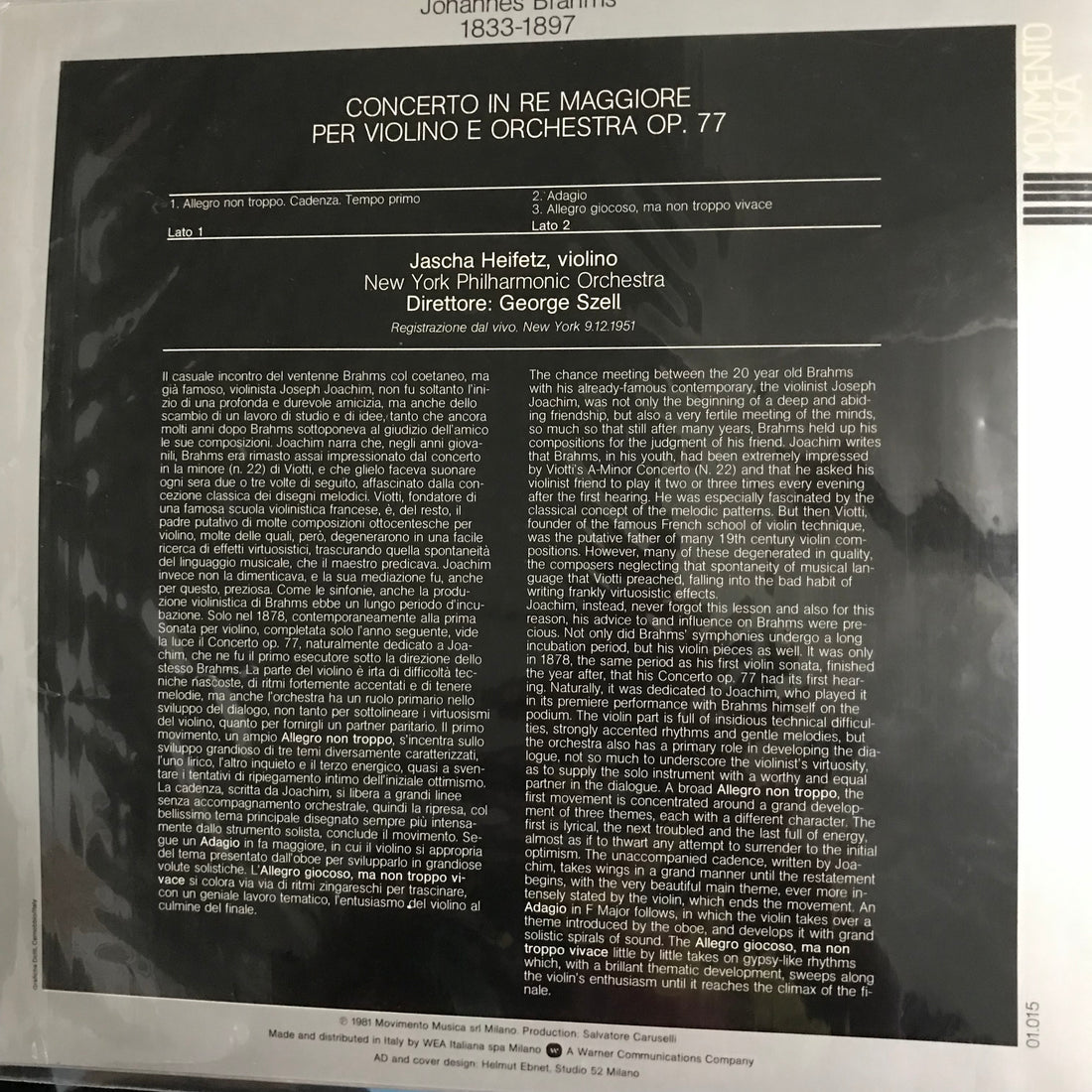 แผ่นเสียง Johannes Brahms / Jascha Heifetz / New York Philharmonic / George Szell - Concerto Per Violino Vinyl VG+