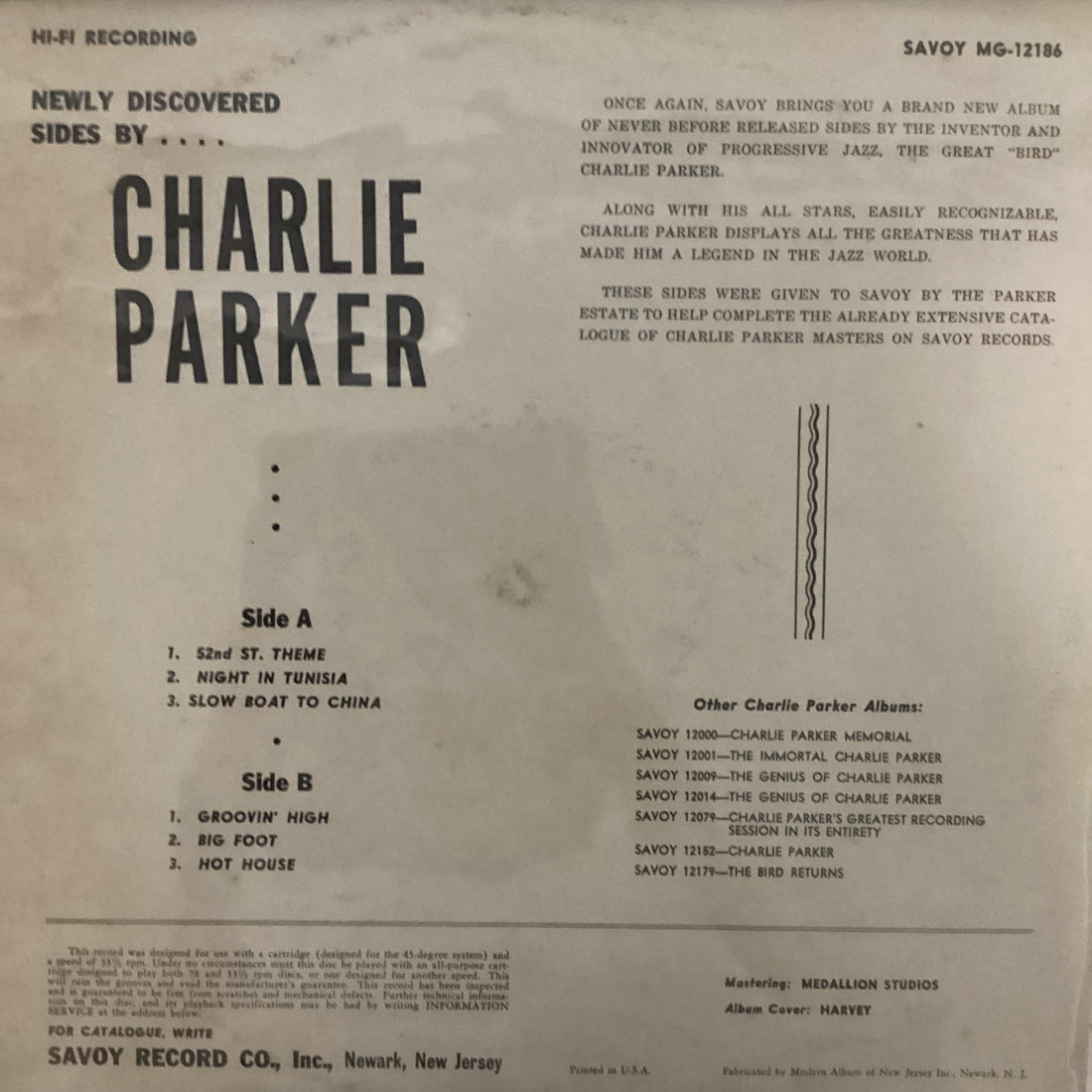 Charlie Parker - Newly Discovered Sides By The Immortal Charlie Parker Vinyl VG+