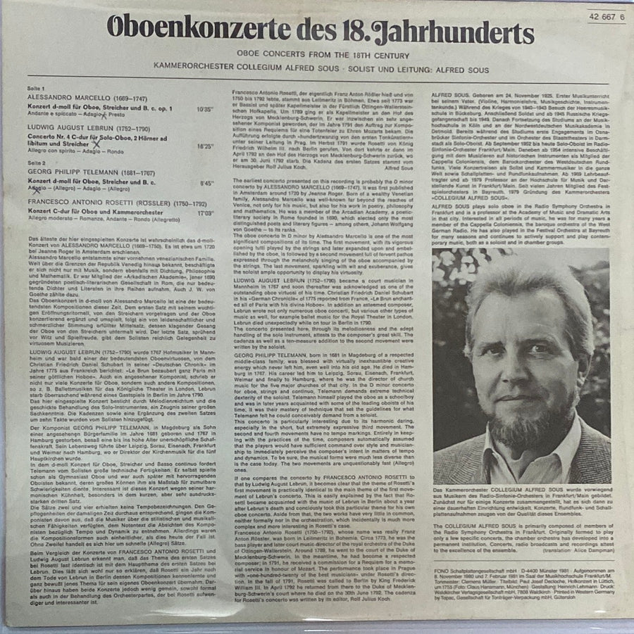 แผ่นเสียง Alessandro Marcello, Ludwig August Lebrun, Georg Philipp Telemann, Antonio Rosetti - Alfred Sous - Oboenkonzerte Des 18. Jahrhunderts = Oboe Concerts From The 18th Century (Vinyl) (VG+)