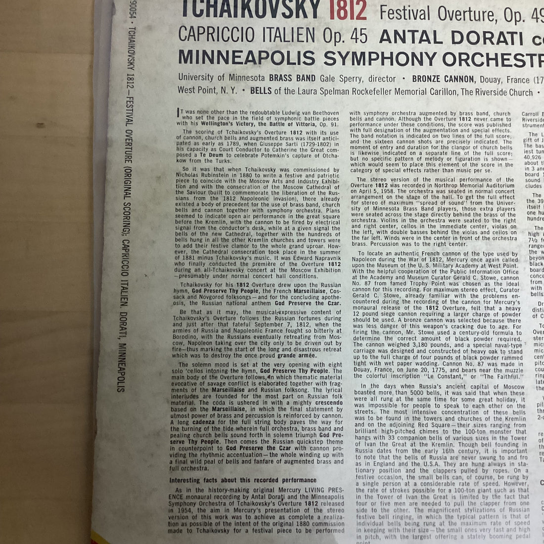 แผ่นเสียง Pyotr Ilyich Tchaikovsky - Antal Dorati, Minneapolis Symphony Orchestra, University Of Minnesota Brass Band - 1812 Festival Orchestra, Op. 49 Original Scoring / Capriccio Italien. Op. 45 Vinyl VG+