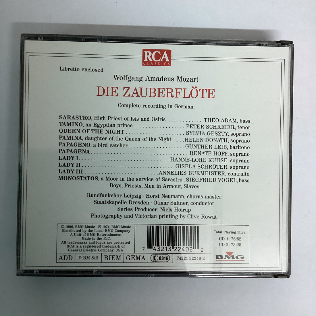 ซีดี Wolfgang Amadeus Mozart - Theo Adam • Peter Schreier • Sylvia Geszty • Helen Donath • Günther Leib, Rundfunkchor Leipzig • Staatskapelle Dresden • Otmar Suitner - Die Zauberflöte CD VG+ 2CDs