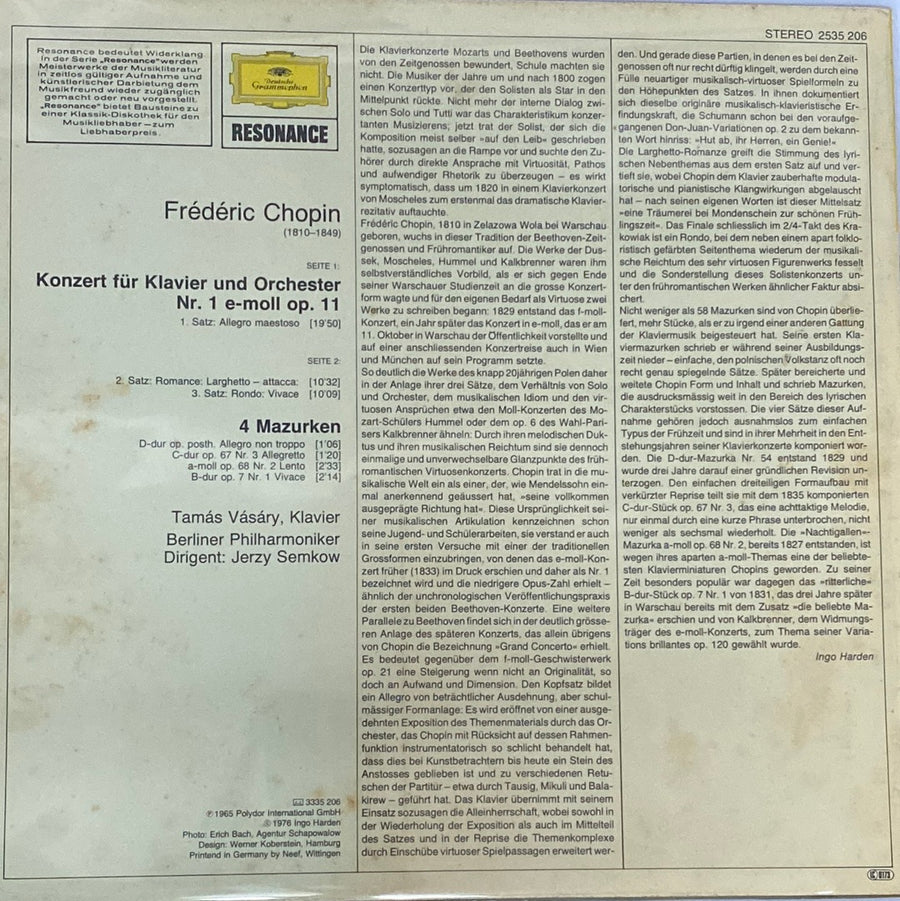 แผ่นเสียง Frédéric Chopin, Tamás Vásáry • Berliner Philharmoniker, Jerzy Semkow - Klavierkonzert Nr.1 E-moll • 4 Mazurken Vinyl VG+