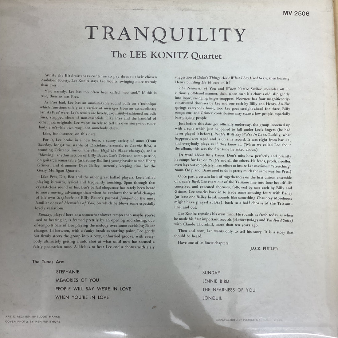 แผ่นเสียง The Lee Konitz Quartet - Tranquility Vinyl VG+