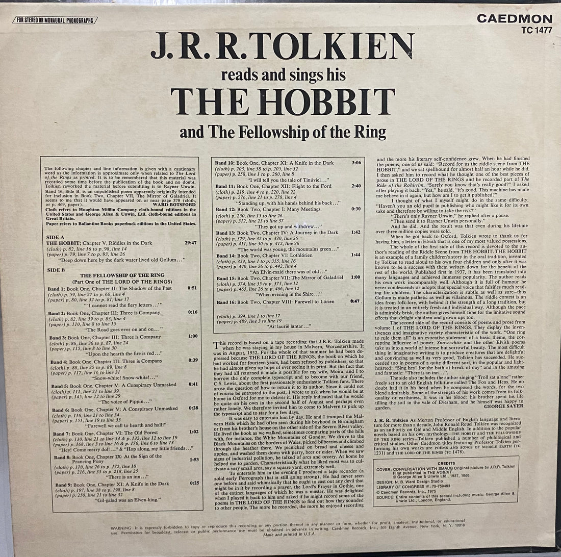 แผ่นเสียง J.R.R. Tolkien - Reads And Sings His The Hobbit And The Fellowship Of The Ring Vinyl VG+