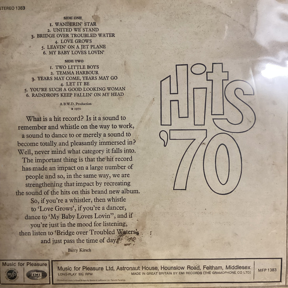 แผ่นเสียง Various - Hits'70 - 12 Hits Superbly Recorded On One LP Vinyl VG