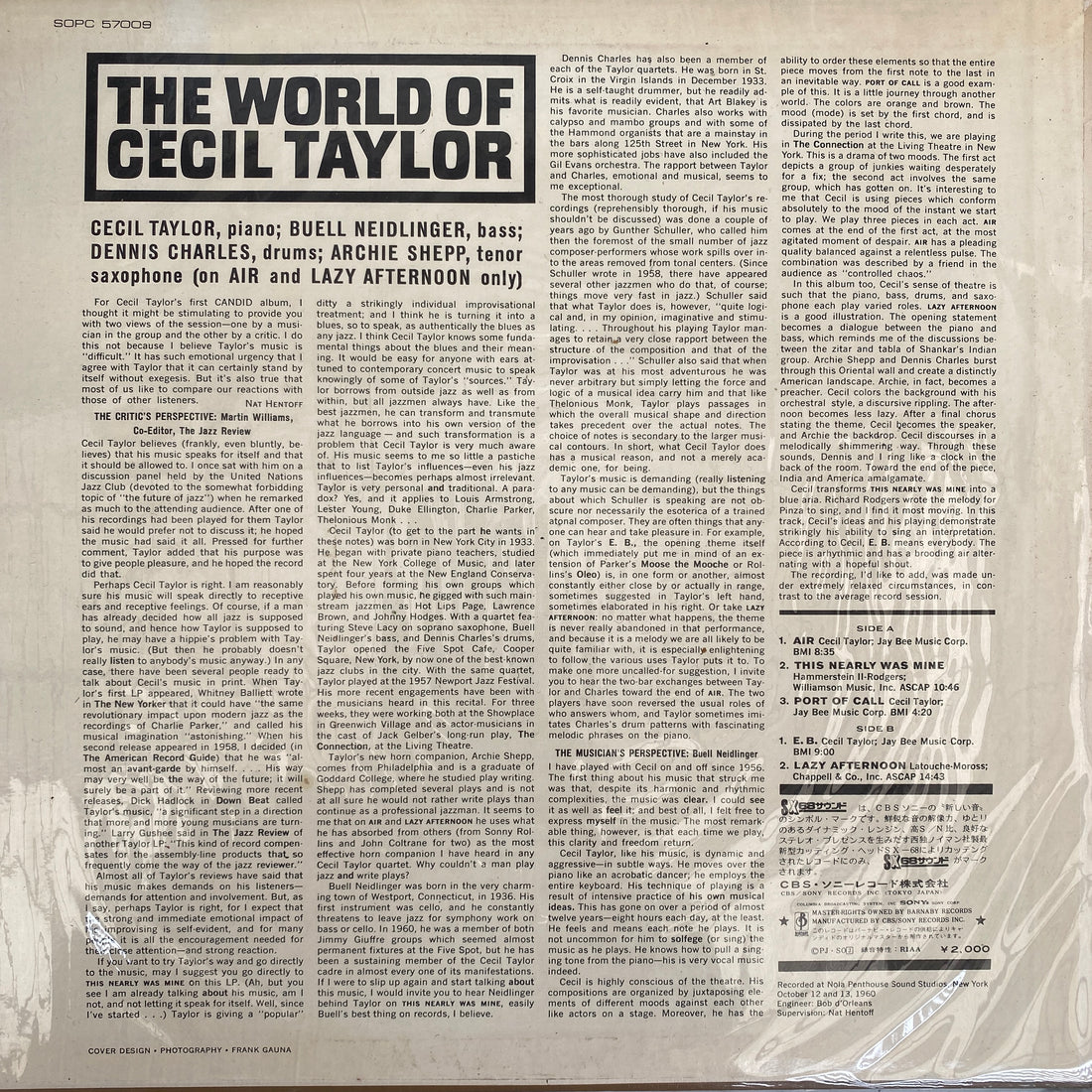 แผ่นเสียง Cecil Taylor - The World Of Cecil Taylor Vinyl VG+