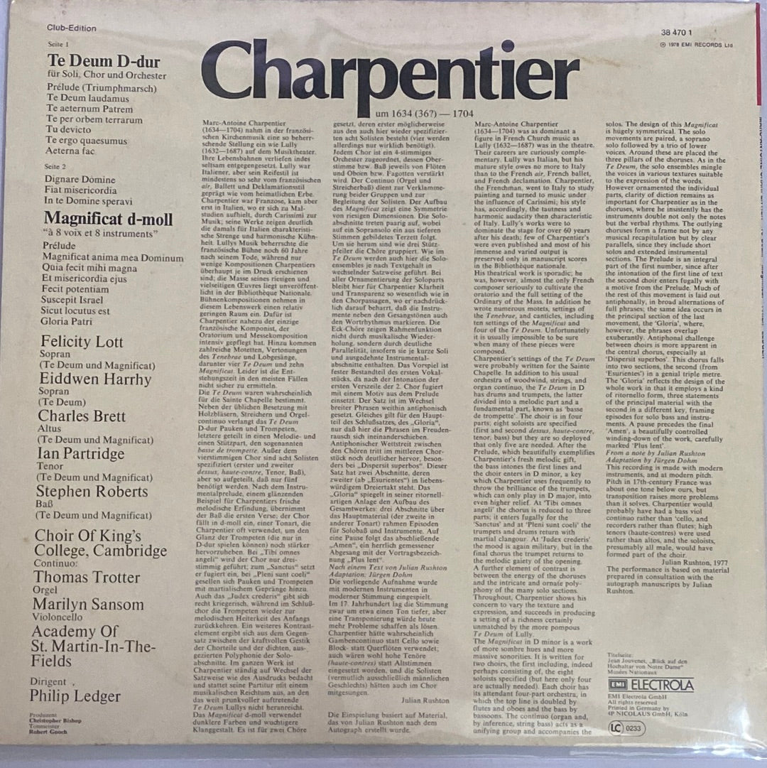 แผ่นเสียง Marc Antoine Charpentier, Felicity Lott, Eiddwen Harrhy, Charles Brett, Ian Partridge, Stephen Roberts , Philip Ledger, The King's College Choir Of Cambridge, The Academy Of St. Martin-in-the-Fields - Te Deum / Magnificat (Vinyl) (VG+)