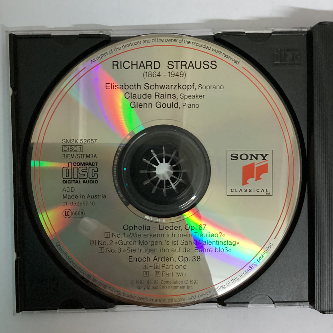 ซีดี Glenn Gould, Richard Strauss, Elisabeth Schwarzkopf, Claude Rains - Ophelia-Lieder, Op. 67; Enoch Arden, Op. 38; Piano Sonata, Op. 5; 5 Piano Pieces, Op. 3 CD VG+ 2CDs