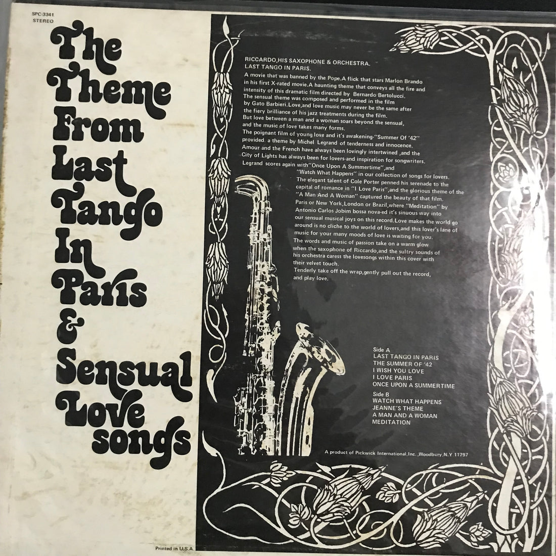 แผ่นเสียง Riccardo, His Saxophone & Orchestra - Theme From Last Tango In Paris & Sensual Love Songs Vinyl VG+