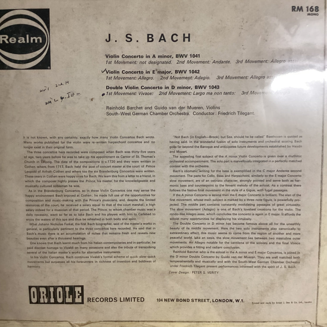 แผ่นเสียง J.S BACH - Violin Concerto BWV 1041 / Violin Concerto BWV 1042 / Double Violin Concerto BWV 1043 Vinyl VG