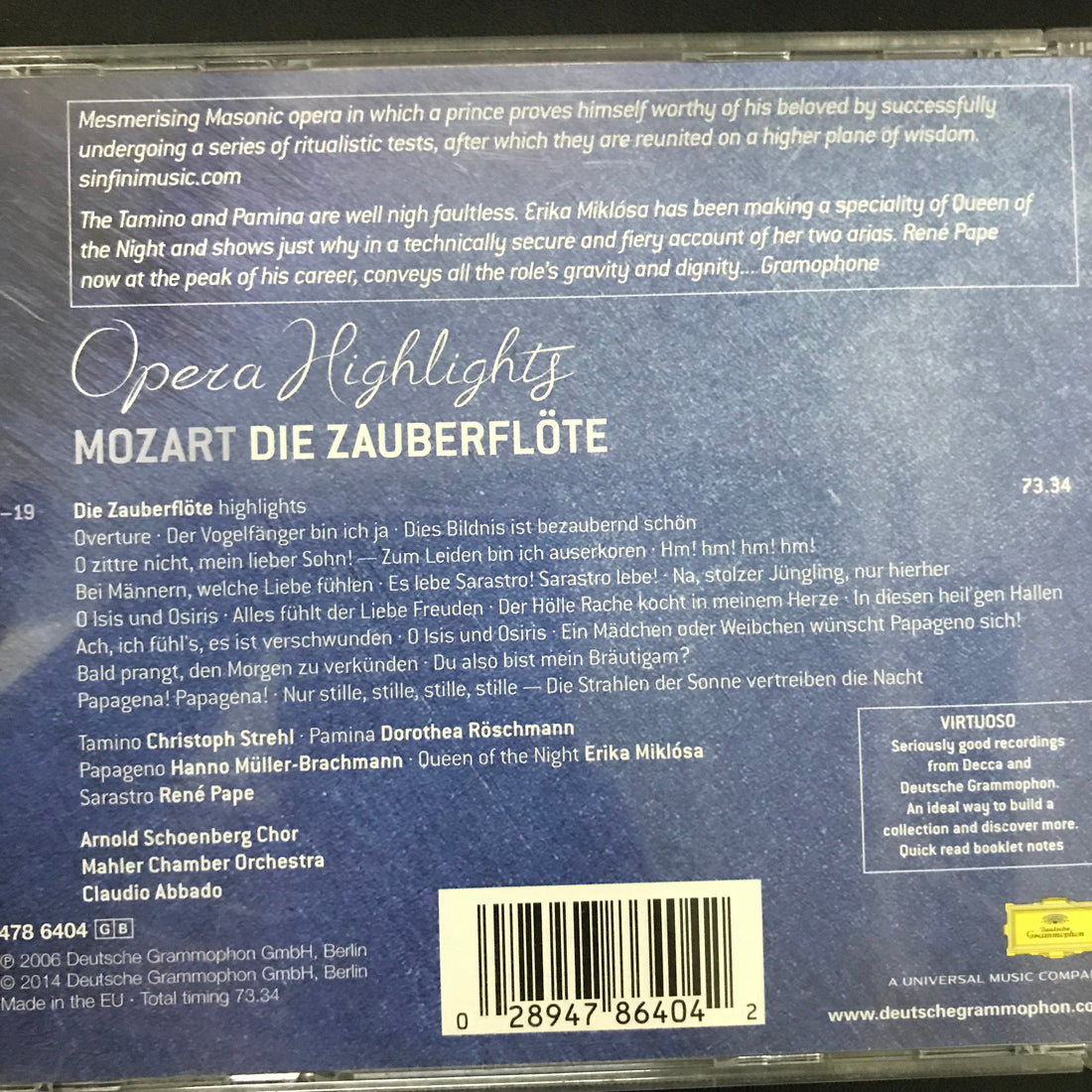 ซีดี Wolfgang Amadeus Mozart / Christoph Strehl / Dorothea Röschmann / Hanno Müller-Brachmann / Miklósa Erika / René Pape / Arnold Schoenberg Chor / Mahler Chamber Orchestra / Claudio Abbado - Die Zauberflöte CD VG+