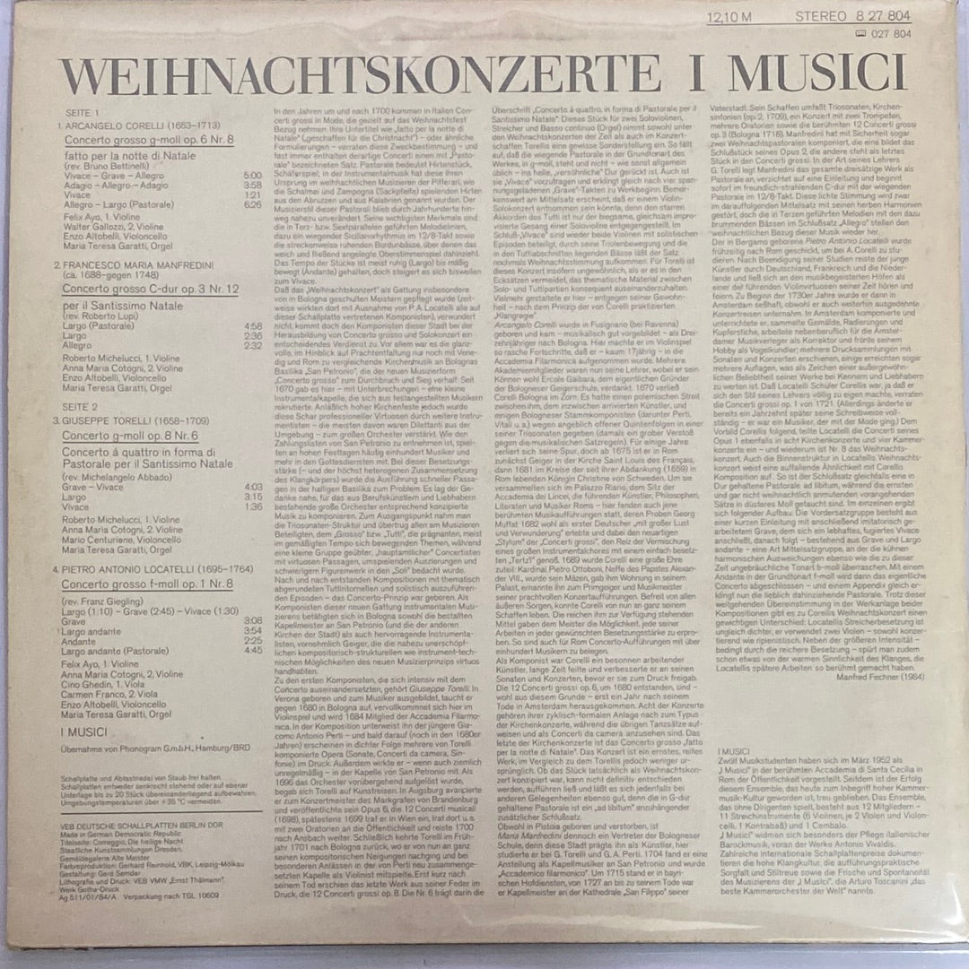 แผ่นเสียง Arcangelo Corelli, Francesco Manfredini, Giuseppe Torelli, Pietro Antonio Locatelli, I Musici - Weihnachtskonzerte (Vinyl) (VG+)