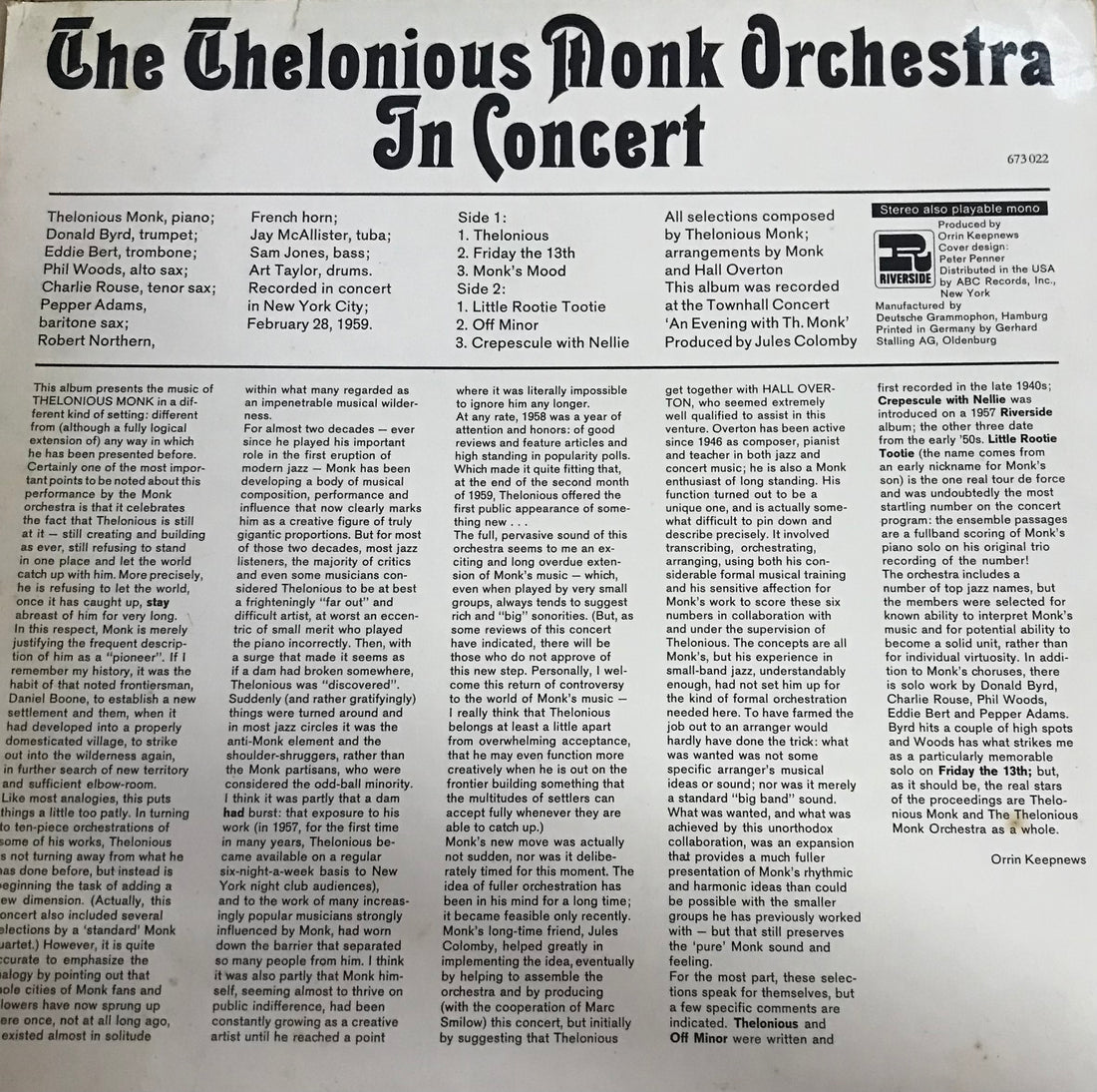 แผ่นเสียง The Thelonious Monk Orchestra - In Concert (Vinyl) (VG+)