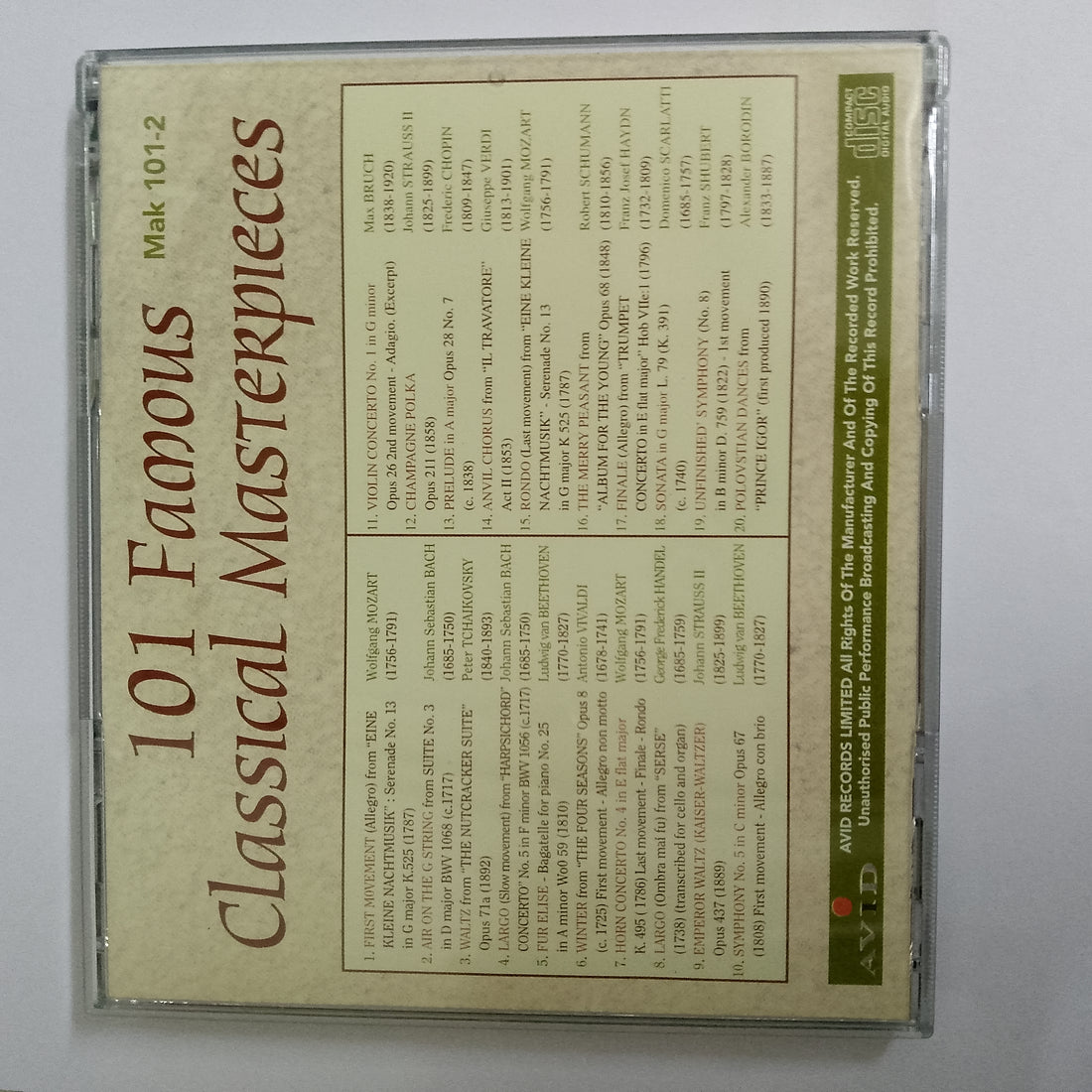 ซีดี Various - 101 Famous Classical Masterpieces (CD) (VG+) (5CDs)