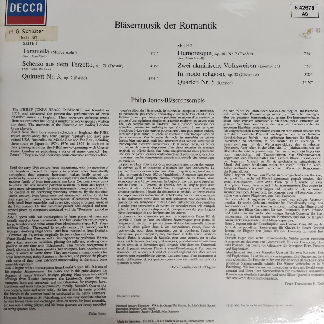 แผ่นเสียง Philip Jones-Bläserensemble - Bläsermusik Der Romantik (Vinyl) (VG+)