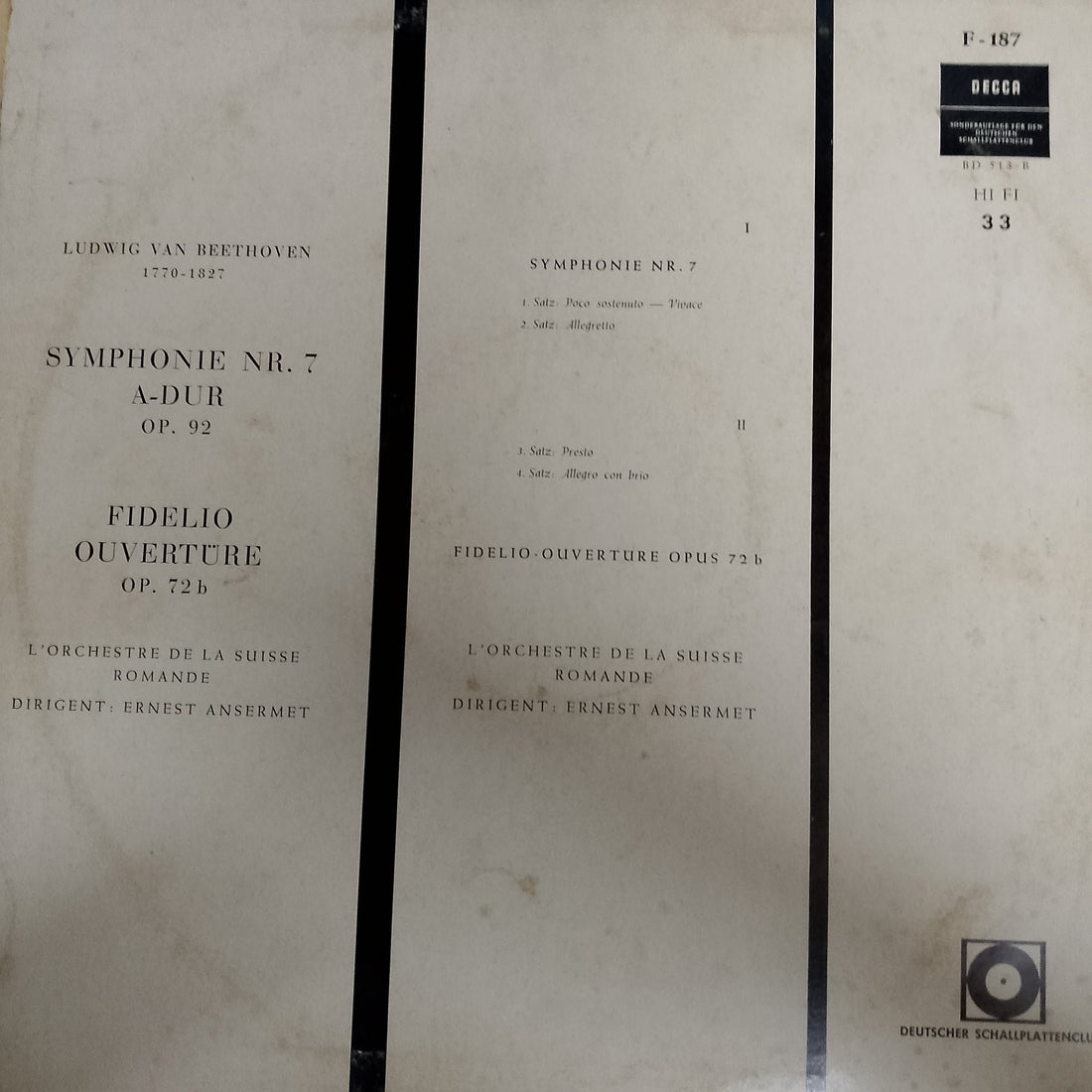 แผ่นเสียง Beethoven*, L'Orchestre De La Suisse Romande, Ansermet* – Symphonie Nr. 7 A - Dur Op. 92 / Fidelio Overtüre Op. 72 (Vinyl) (VG+)