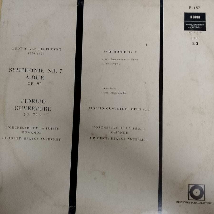 Beethoven*, L'Orchestre De La Suisse Romande, Ansermet* – Symphonie Nr. 7 A - Dur Op. 92 / Fidelio Overtüre Op. 72 (Vinyl) (VG+)