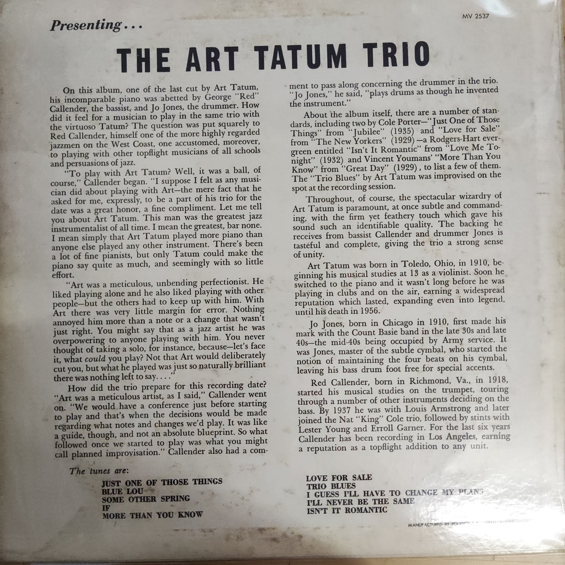 แผ่นเสียง Art Tatum Trio - Presenting... The Art Tatum Trio  (Vinyl) (VG+)