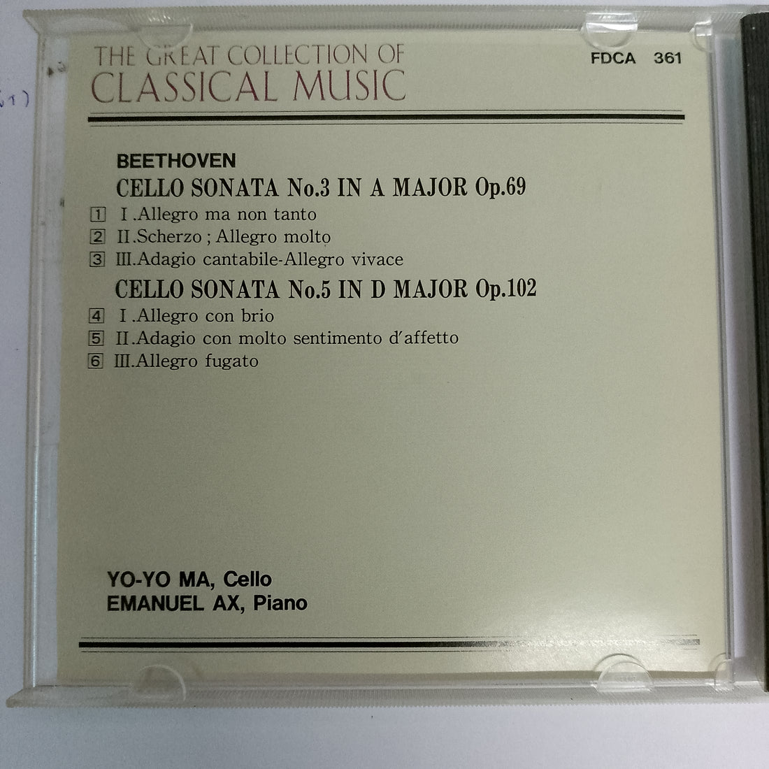 Ludwig van Beethoven : Yo-Yo Ma, Emanuel Ax - Cello Sonatas No.3 / No.5 (CD) (VG+)