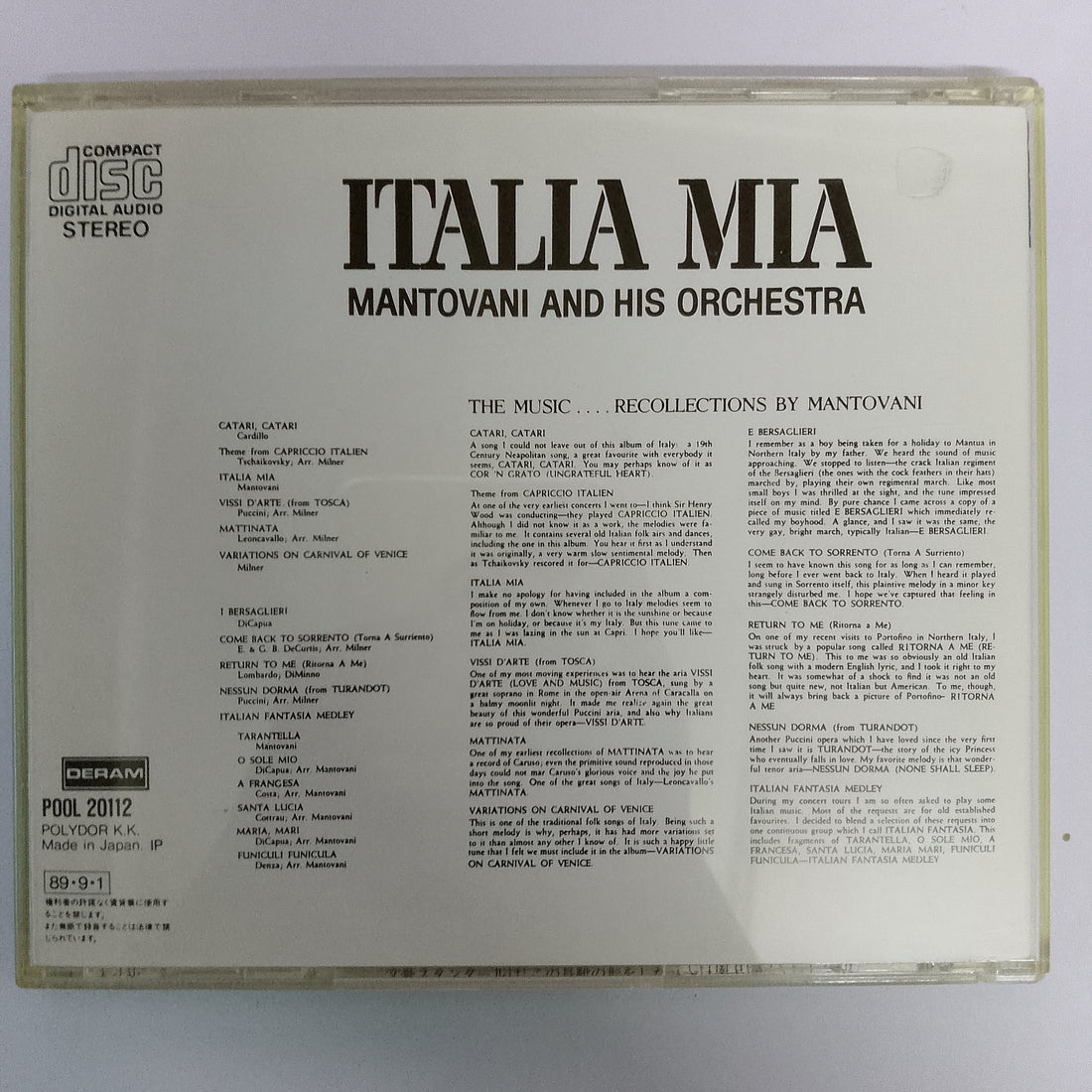 ซีดี Mantovani And His Orchestra - Italia Mia (CD) (VG+)