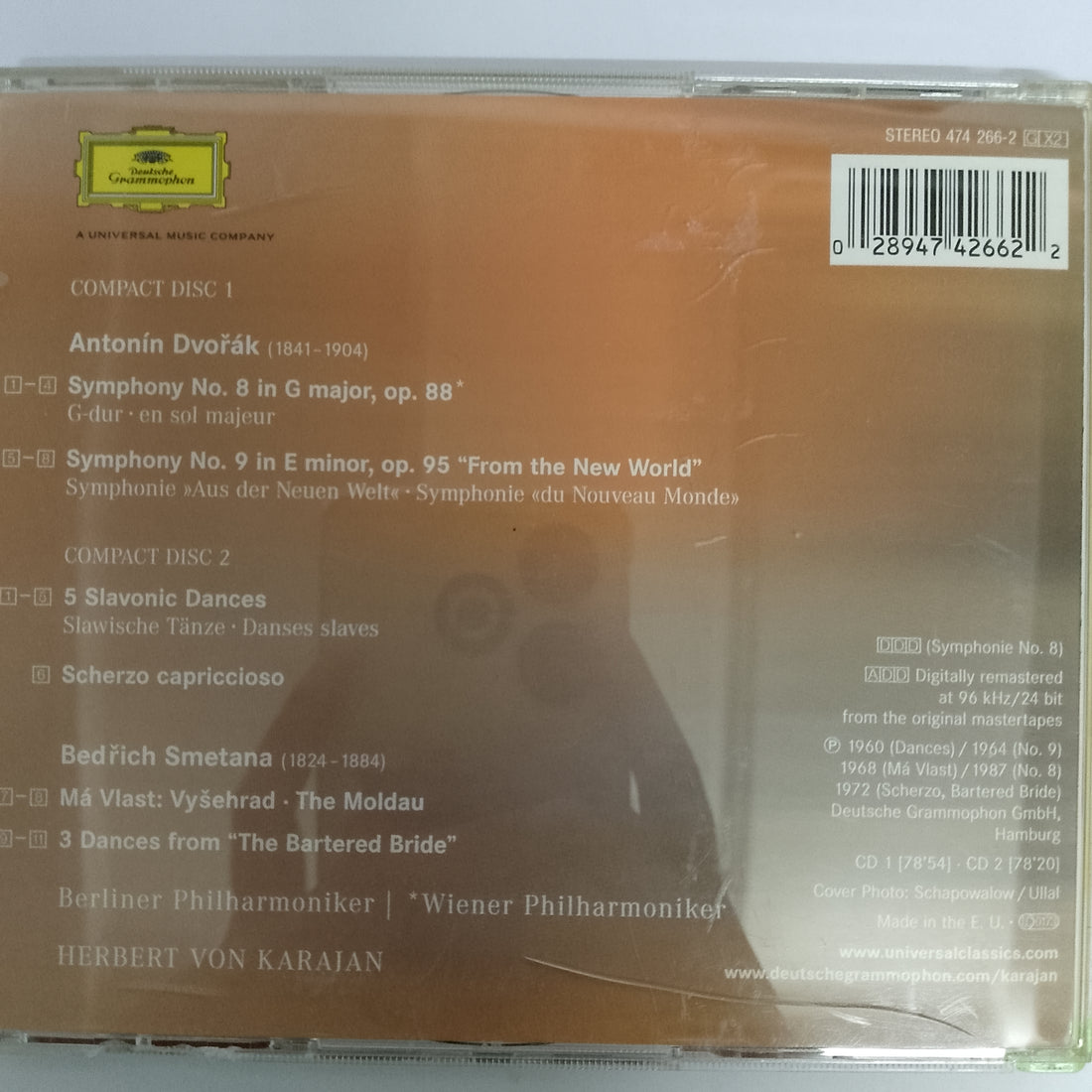 ซีดี Antonín Dvořák, Bedřich Smetana - Berliner Philharmoniker, Wiener Philharmoniker, Herbert von Karajan - Symphonies Nos. 8 & 9 "From The New World" / The Moldau | Vyšehrad CD VG+ 2CDs