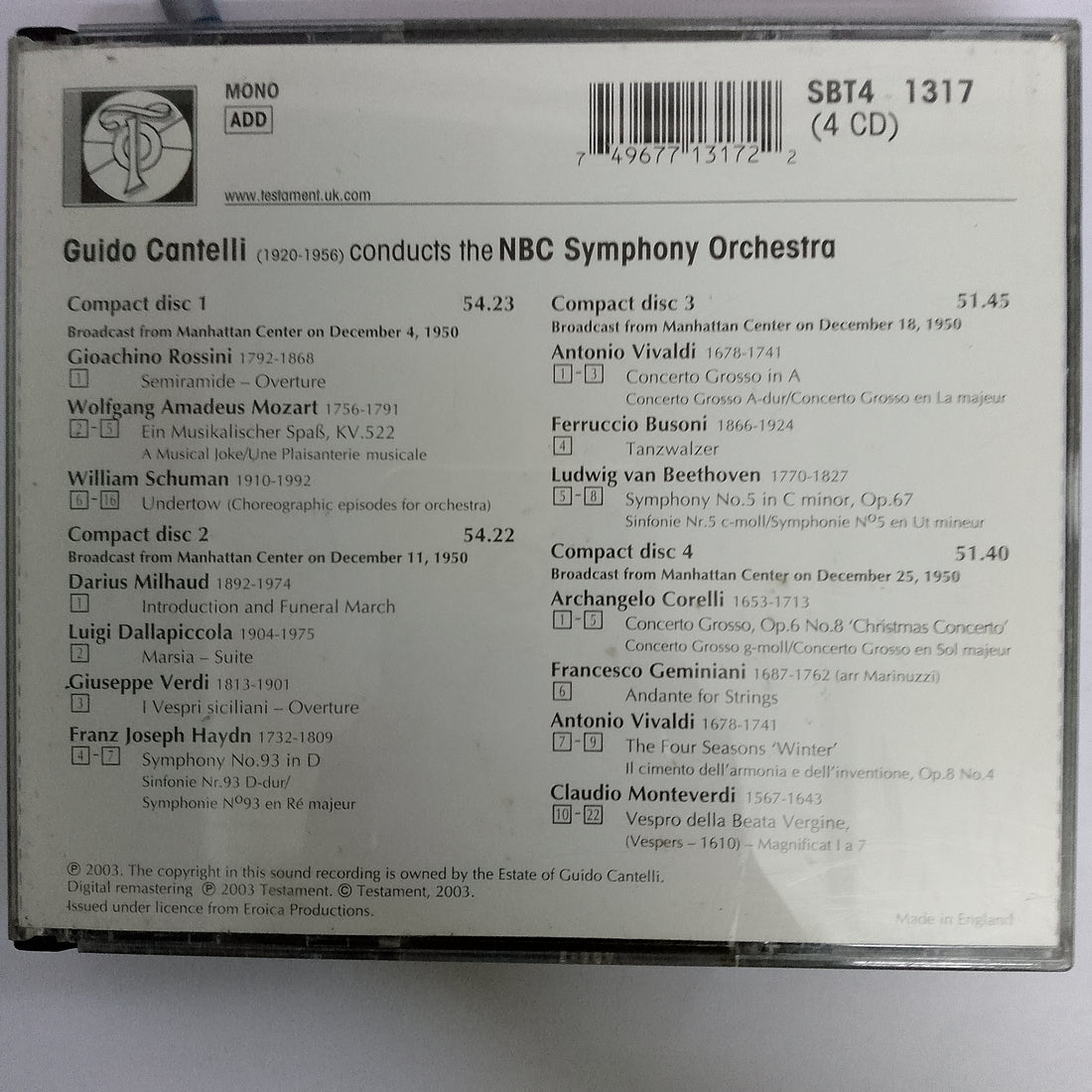 ซีดี Guido Cantelli The Nbc Broadcast Concerts - December 1950 (CD) (VG+) (4CDs)