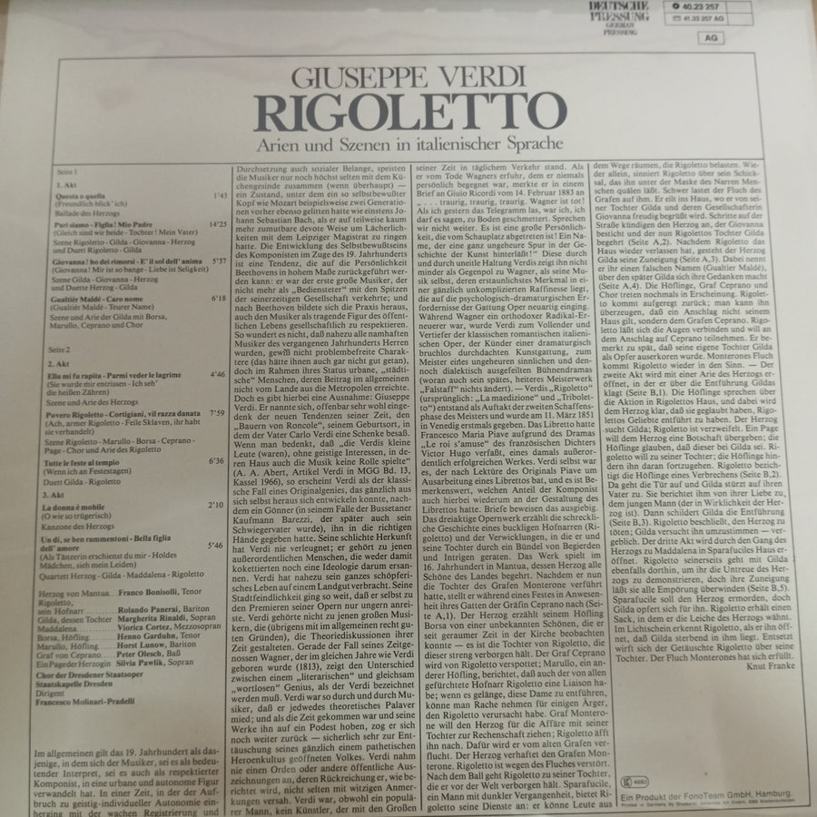 แผ่นเสียง Giuseppe Verdi - Rigoletto, Arien und Szenen in italienischer Sprache (Vinyl) (VG+)