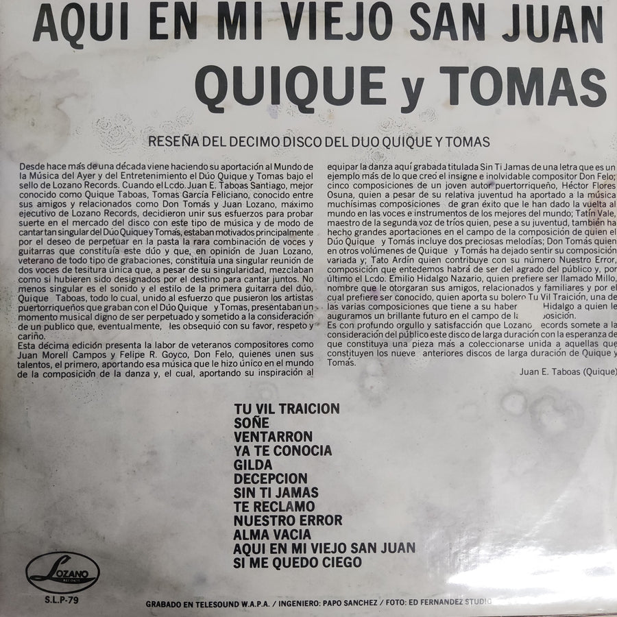 แผ่นเสียง Quique y Tomas - Aquí En Mi Viejo San Juan Vinyl VG+