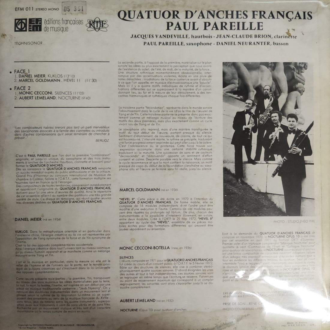 แผ่นเสียง Daniel Meier, Marcel Goldmann, Monic Cecconi-Botella, Aubert Lemeland - Quatuor d'Anches Français Paul Pareille Vinyl VG+