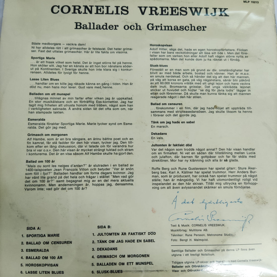 แผ่นเสียง Cornelis Vreeswijk - Ballader Och Grimascher Vinyl VG+