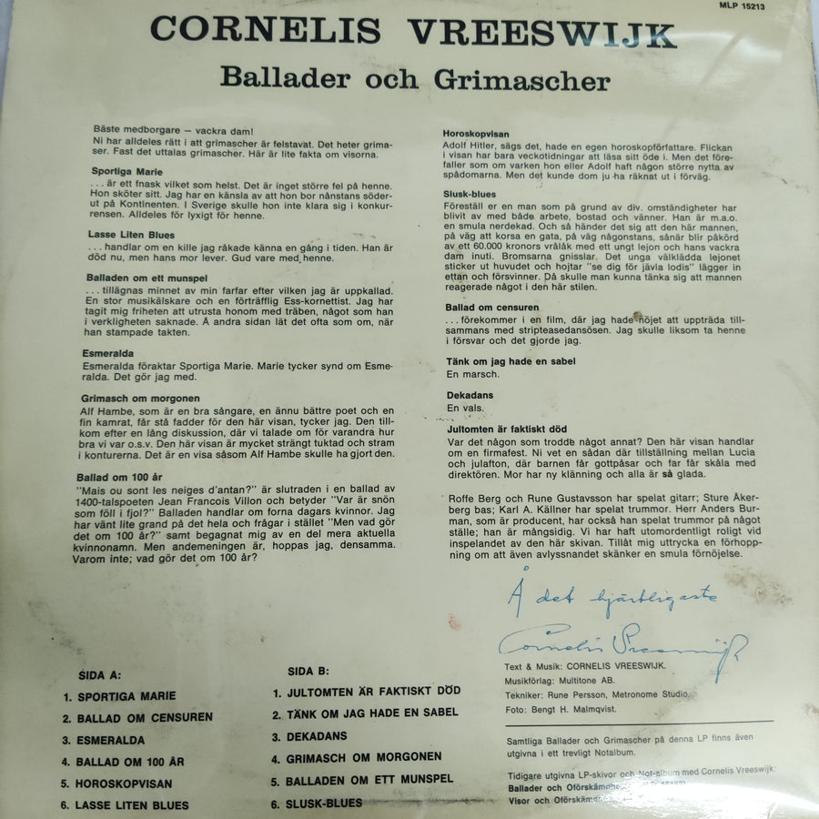 แผ่นเสียง Cornelis Vreeswijk - Ballader Och Grimascher Vinyl VG+