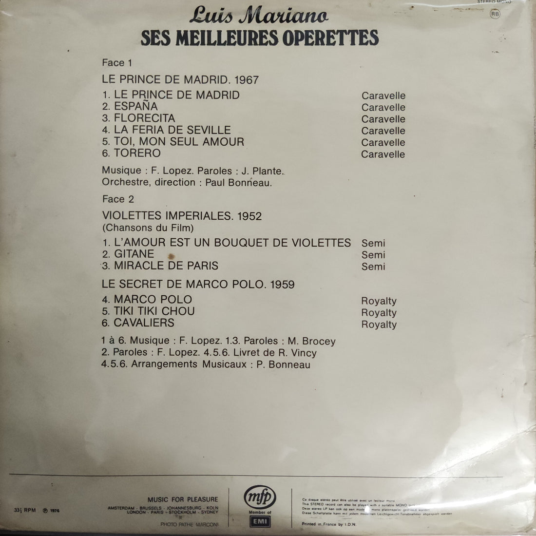 แผ่นเสียง Luis Mariano - Ses Meilleures Operettes Vinyl VG+