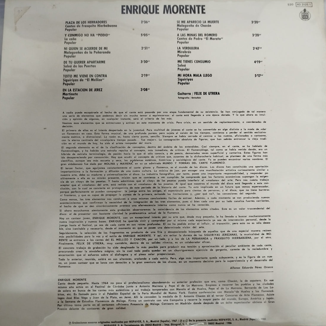 แผ่นเสียง Enrique Morente - Cante Flamenco Vinyl VG+