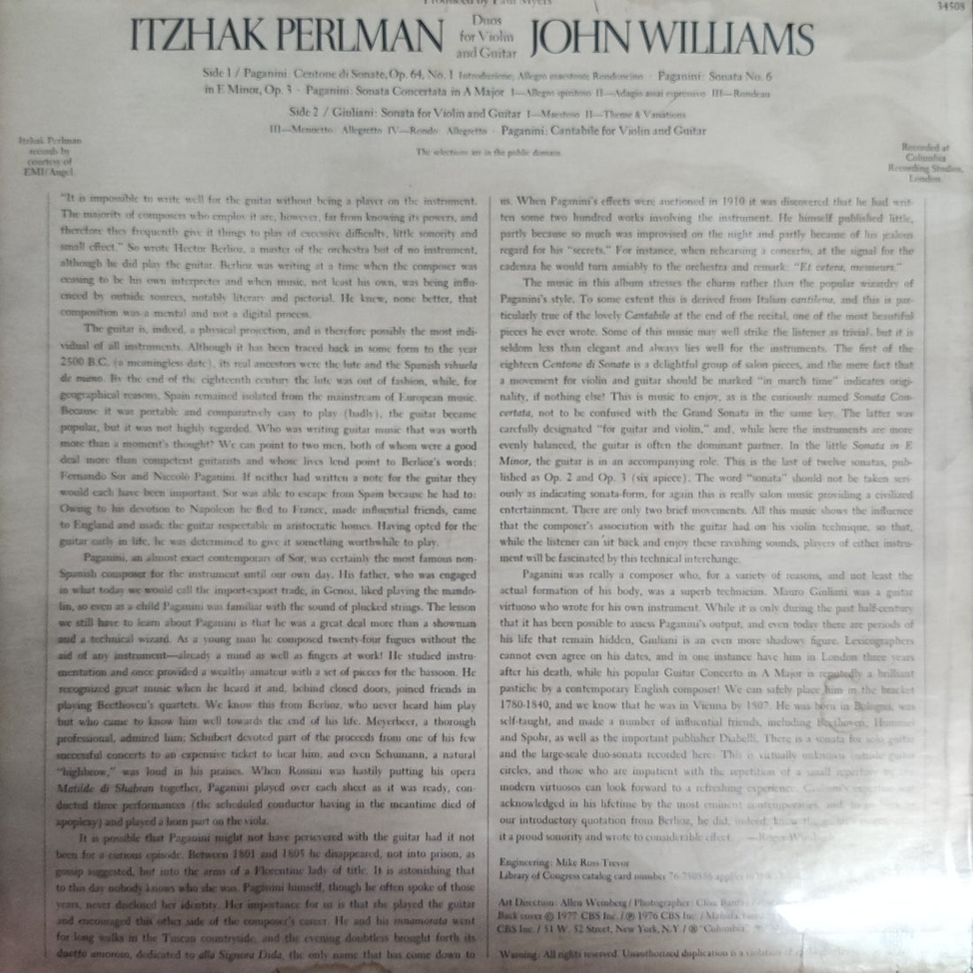 แผ่นเสียง Itzhak Perlman & John Williams - Duo - Duos For Violin And Guitar Vinyl VG+