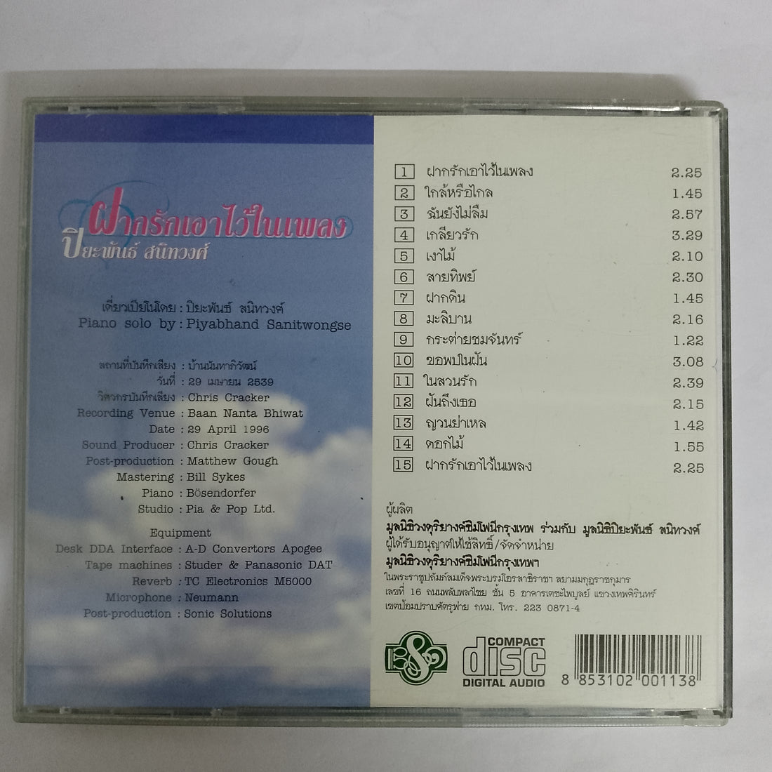 ซีดี ปิยะพันธ์ สนิทวงศ์ - ฝากรักเอาไว้ในเพลง CD VG