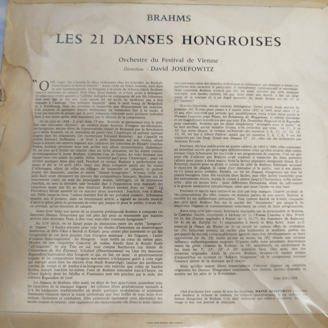 แผ่นมีเสียง Johannes Brahms, Wiener Festspielorchester, David Josefowitz - Hungarian Dances Vinyl VG+