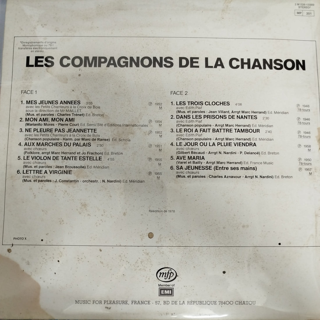 แผ่นเสียง Les Compagnons De La Chanson - Avec Edith Piaf et Les Petits Chanteurs A La Croix De Bois Vinyl VG