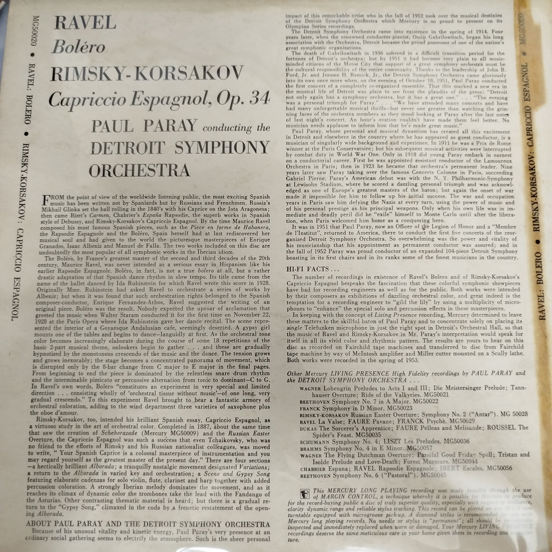แผ่นเสียง Maurice Ravel / Nikolai Rimsky-Korsakov - Paul Paray Conducting The Detroit Symphony Orchestra - Bolero / Capriccio Espagnol Vinyl G
