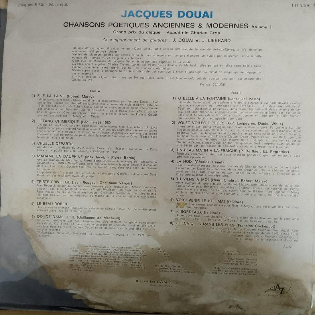 แผ่นเสียง Jacques Douai - Chansons Poétiques Anciennes Et Modernes Vol 1 Vinyl VG
