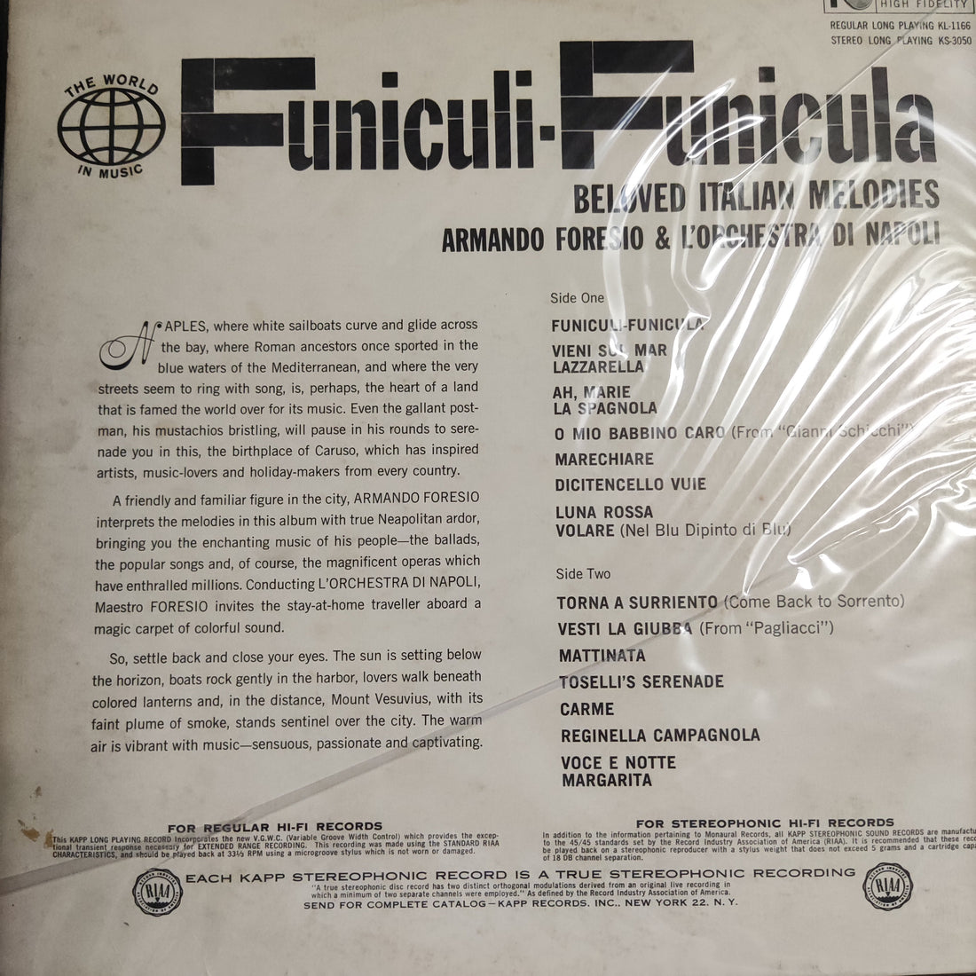 แผ่นเสียง Armando Foresio & Orchestra Di Napoli - Funiculi - Funicula • Beloved Italian Melodies Vinyl VG