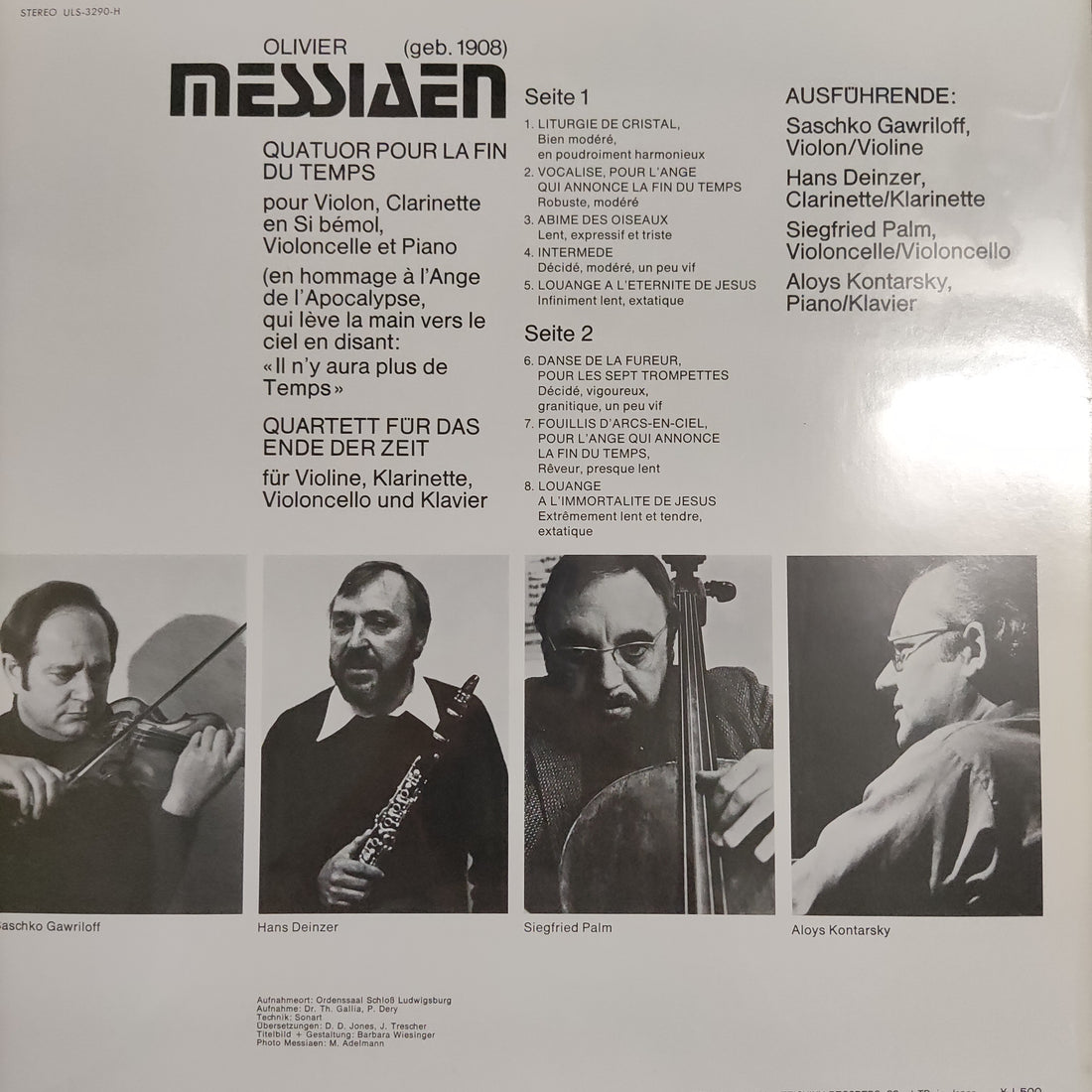 แผ่นเสียง Olivier Messiaen - Saschko Gawriloff, Hans Deinzer, Siegfried Palm, Aloys Kontarsky - Quatuor Pour La Fin Du Temps Vinyl VG+
