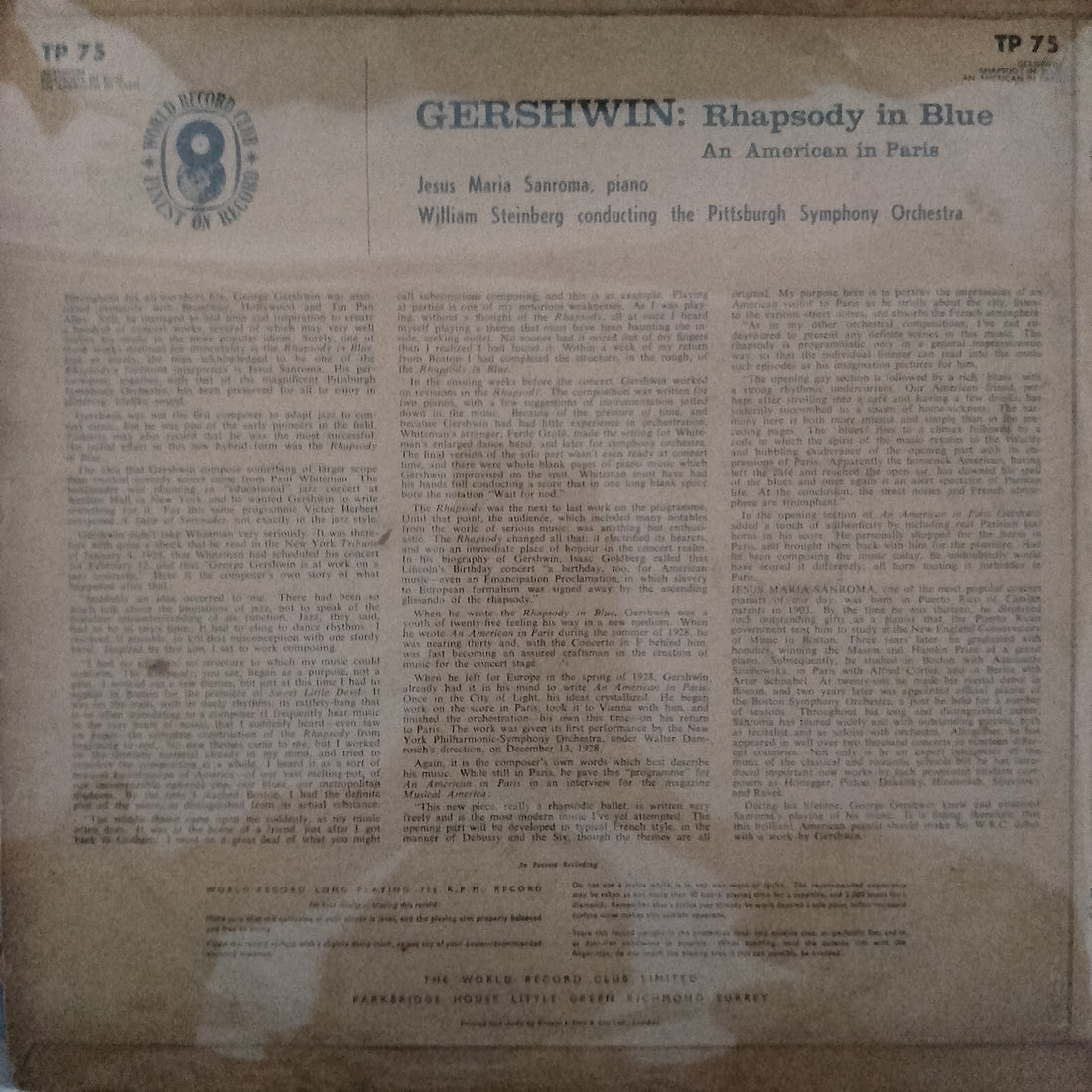 แผ่นเสียง George Gershwin – William Steinberg conducts the Pittsburgh Symphony Orchestra, Jesus Maria Sanroma - Rhapsody In Blue / American In Paris Vinyl VG