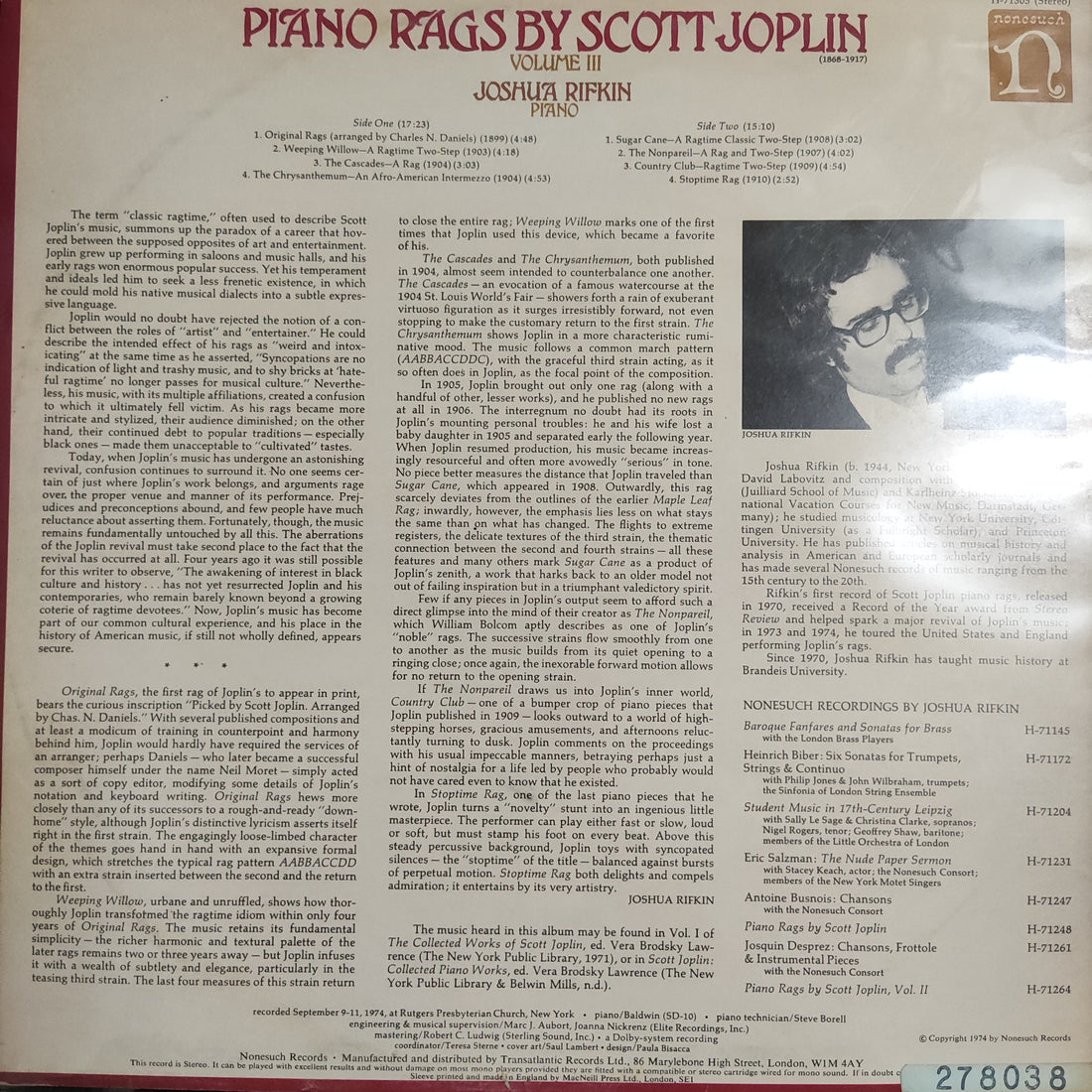 แผ่นเสียง Scott Joplin, Joshua Rifkin - Piano Rags - Volume III Vinyl VG+