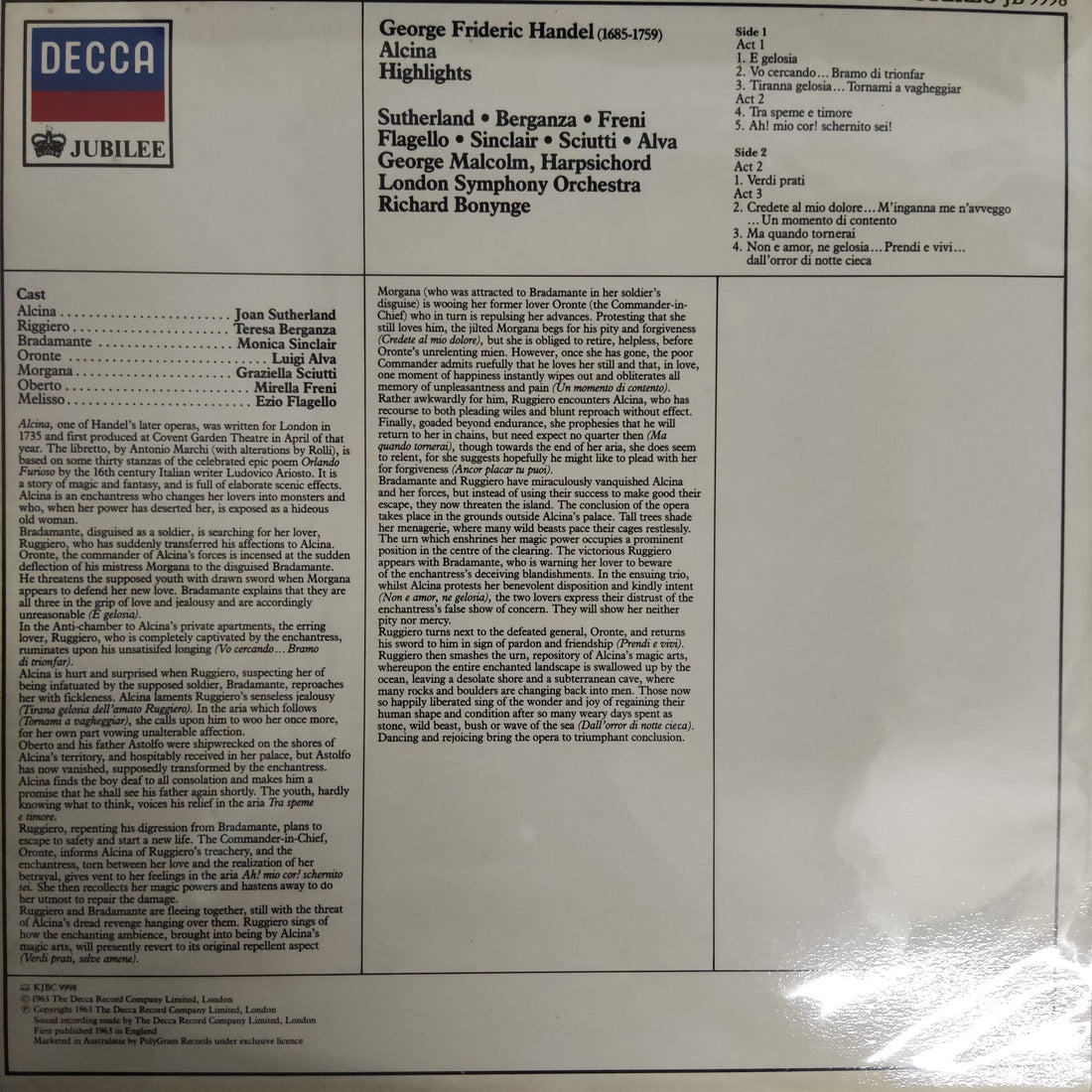 แผ่นเสียง Handel - Alcina Highlights Sutherland Berganza Freni Flagello Sinclair Sciutti Alva London Symphony Bonynge Vinyl VG+