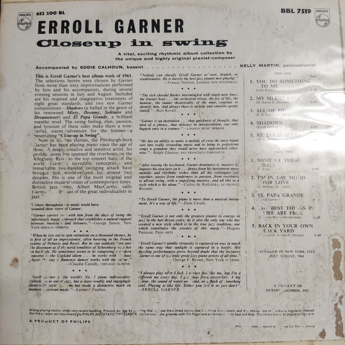 แผ่นเสียง Erroll Garner - Closeup In Swing Vinyl VG