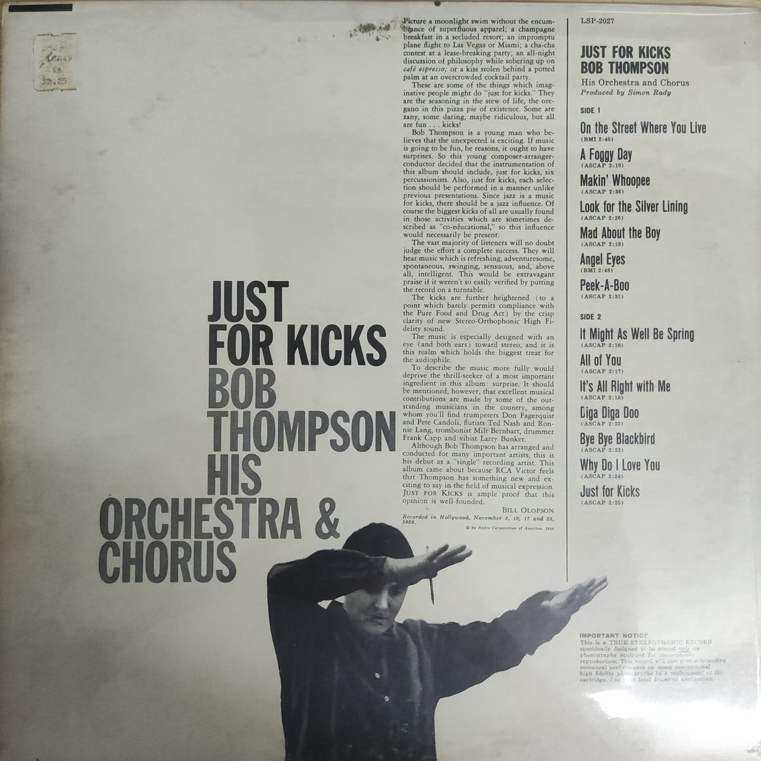 แผ่นเสียง Bob Thompson, His Chorus And Orchestra - Just For Kicks Vinyl VG+