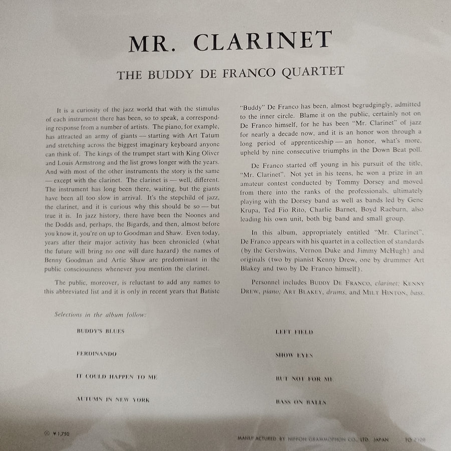 แผ่นเสียง Buddy DeFranco Quartet - Mr. Clarinet Vinyl VG+