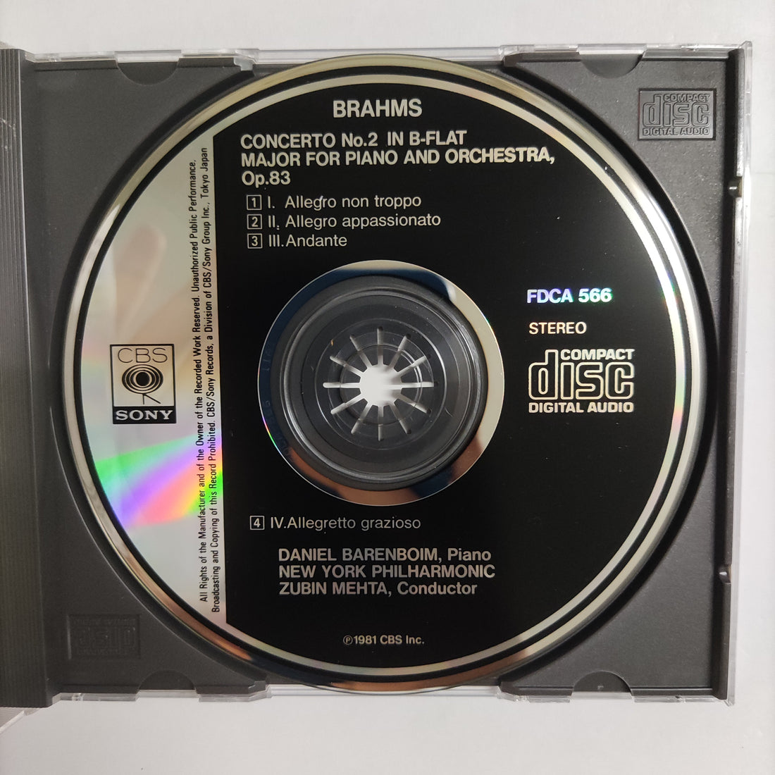 ซีดี Johannes Brahms / Zubin Mehta / Daniel Barenboim / New York Philharmonic - Brahms: Piano Concerto No. 2 CD VG+