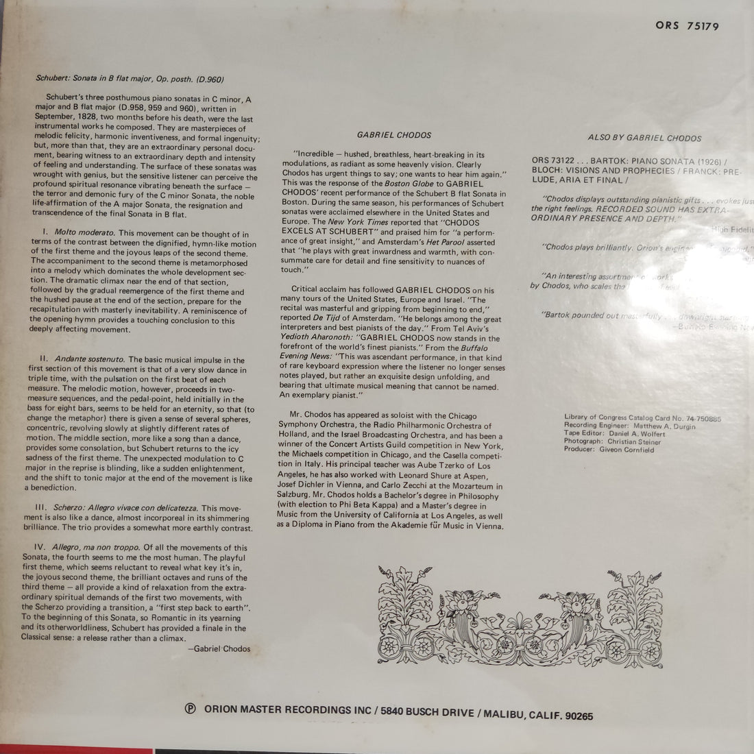 แผ่นเสียง Gabriel Chodos - Schubert Sonata In B Flat Major Op. Posth. D.960 Vinyl VG+