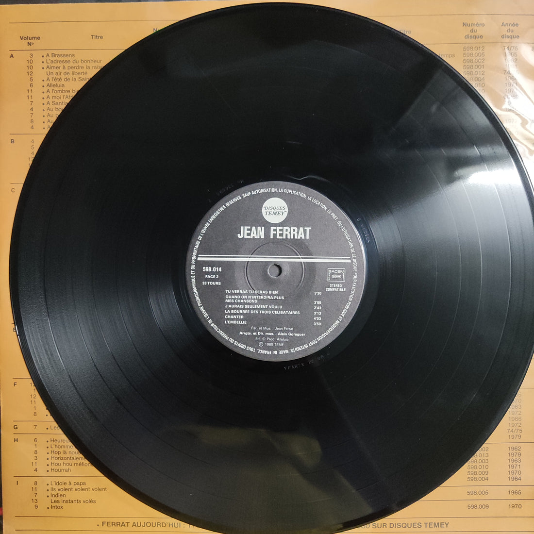 แผ่นเสียง Jean Ferrat - Table Alphabetique Des Chansons Enregistrees Par Vinyl VG+